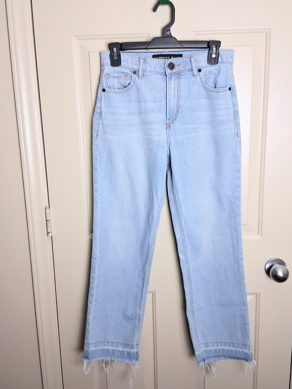 Express Jean Women High Rise Straight Cropped Size 2 Blue Denim Fringe Jeans